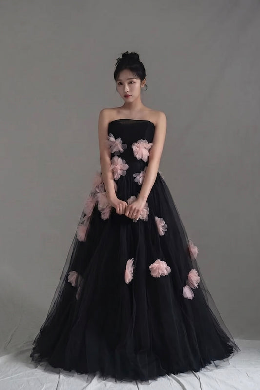 Black Tulle Floral Evening Dress