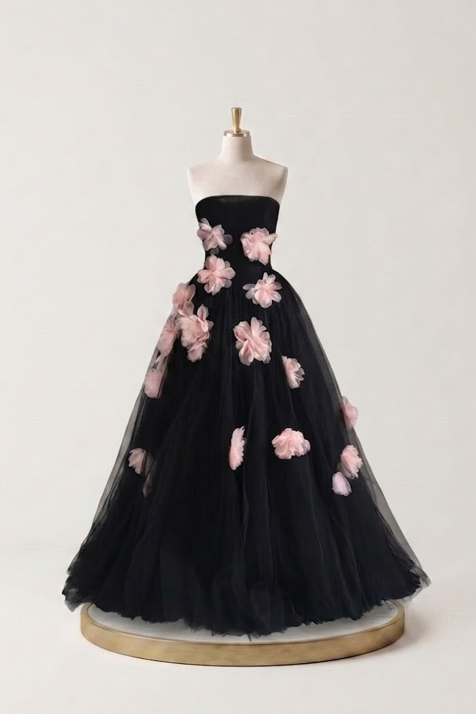 Black Tulle Floral Evening Dress