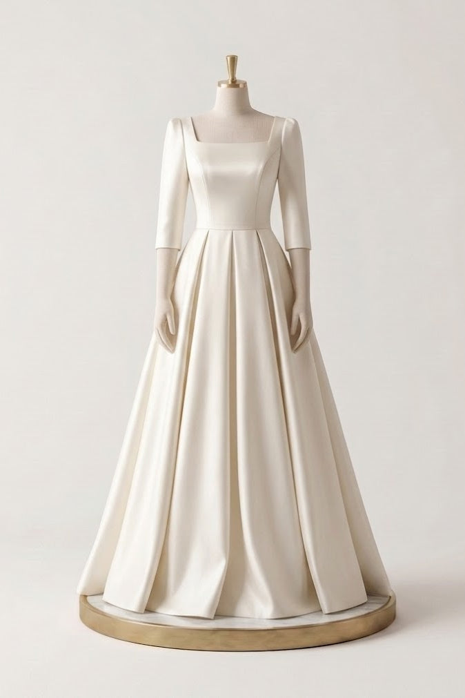 Ivory Square Neck Satin Dress