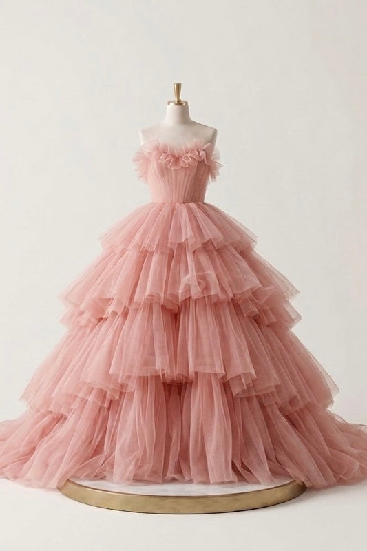 Salmon Pink Tulle A-Line Dress